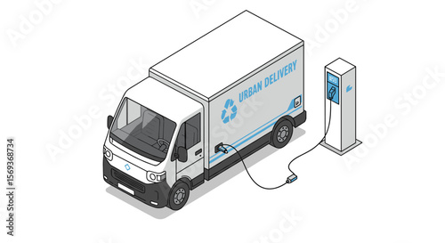 Eco-friendly electric delivery truck charging at station vector illustration for sustainable transport design