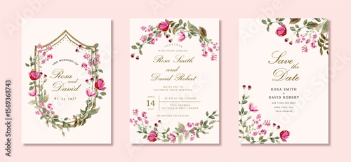 wedding invitation set with romantic pink wildflower watercolor frame