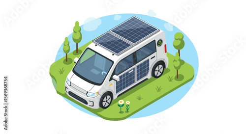 Eco-friendly solar powered car design in isometric vector illustration
