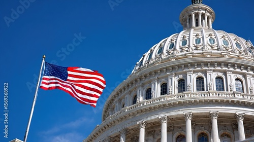 The U.S. Capitol dome with an American flag waving against a clear blue sky.