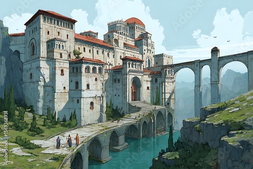 Majestic Medieval Castle by the Lake, Stone Bridge and Figures Approaching