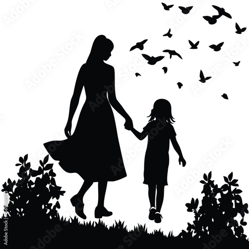 Silhouette of a Mother and Daughter Holding Hands Walking Through a Field with Birds Flying Above on a Sunny Day