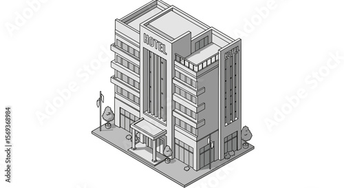 Modern hotel building vector illustration in isometric style for architectural design