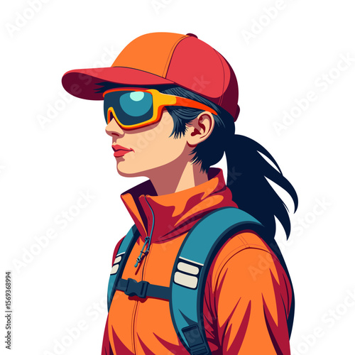 Adventurous person wearing sunglasses and backpack in sporty attire  