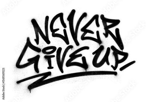 Words ‘Never Give Up’ written in graffiti spray paint lettering isolated on transparent background