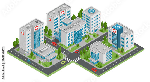 Modern hospital complex vector illustration for medical center design in isometric style