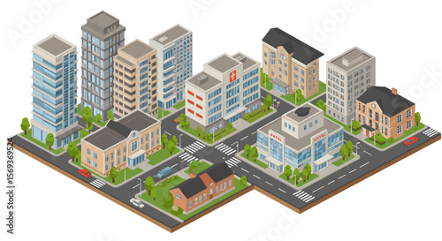 Urban cityscape vector illustration: modern architecture in isometric style for design projects