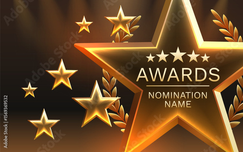 Awards nomination name podium, golden prize event, scene star ceremony. Vector illustration