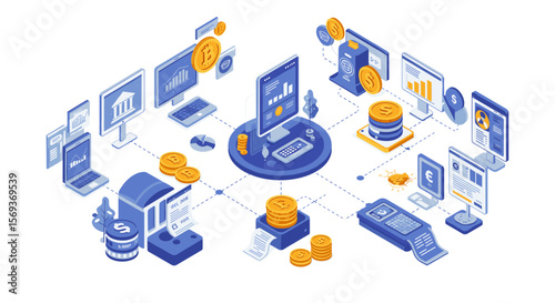 Isometric financial technology vector illustration: digital currency and banking solutions for modern financial management