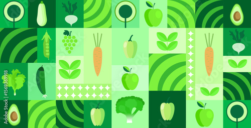 Vegan food vector banner. Eco vegetables and fruit, avocado, cucumber, onion , broccoli, pear. Farm market background. Package template.	

