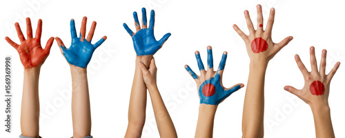 Colorful painted hands raised in celebration on transparent background  
