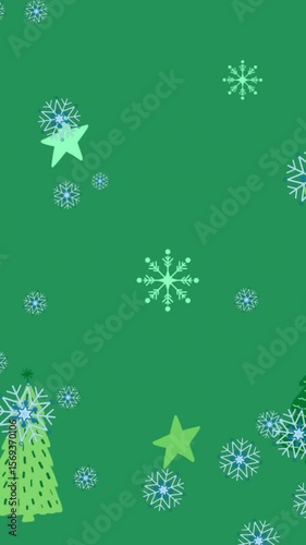 Animation of blue snowflakes falling over christmas tree and star icons against green background