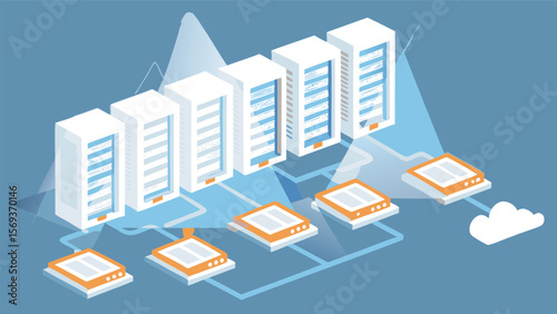 Isometric view of server racks connected to cloud computing infrastructure network diagram showing data flow