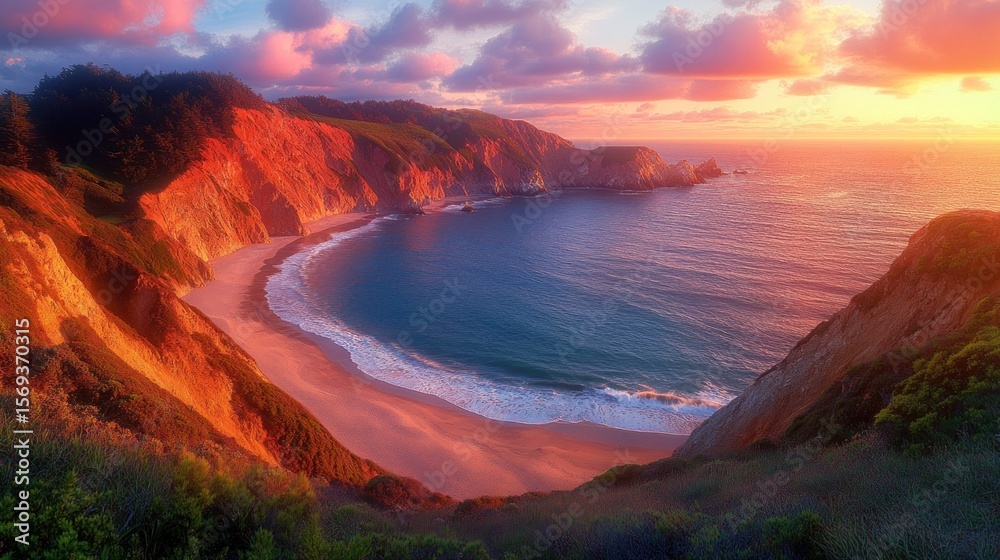 Fototapeta premium Coastal sunset panorama. Dramatic cliffs, beach, and vibrant sky