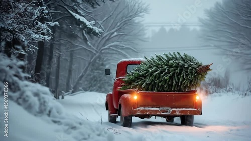 Red truck transporting Christmas tree through snowy winter landscape  