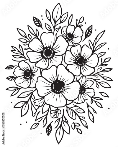 Elegant black and white floral arrangement with delicate blooming flowers and foliage