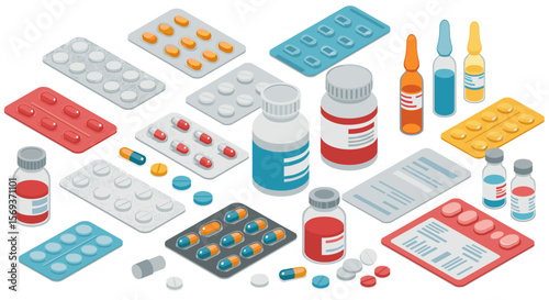 Pharmaceutical products isometric vector illustration for healthcare poster and educational design