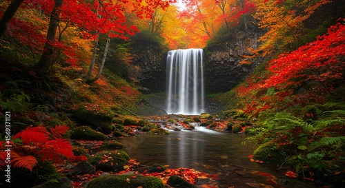 Autumn Waterfall in a Lush Forest