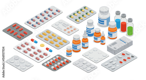 Isometric pharmaceutical vector illustration of medicine bottles and pills for healthcare design
