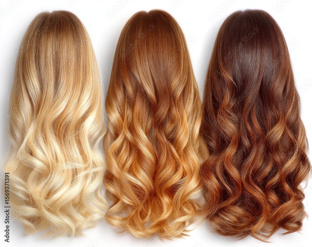 Fototapeta premium Hair Color Comparison of Long Wavy Hair - Blonde, Ginger, Brown