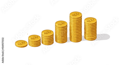 Growing wealth concept vector illustration with stacked dollar coins in isometric style for financial design