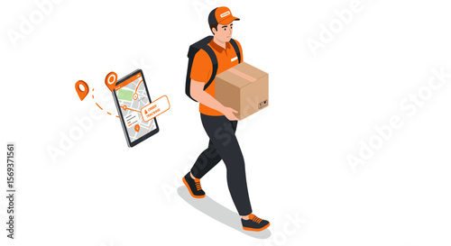Courier delivery tracking concept vector illustration - mobile app design in isometric style