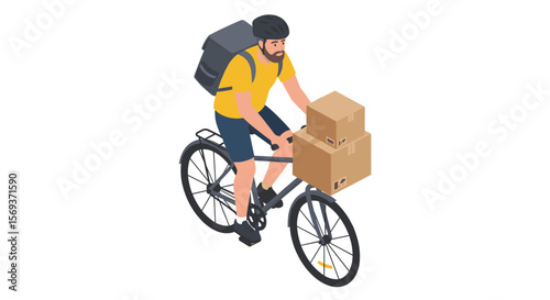 Isometric bicycle courier with packages vector illustration for delivery and logistics design