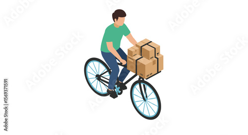 Delivery concept vector illustration: person on bicycle with packages in isometric style for design