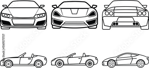 Vector art of various car designs are isolated on transparent background in outline style
