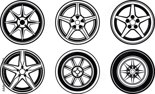 Vector art of car wheels with various rim designs isolated on transparent background