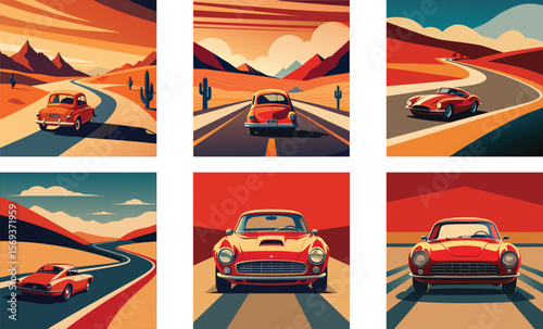 Vector art of classic cars drive through scenic desert landscapes in a retro style