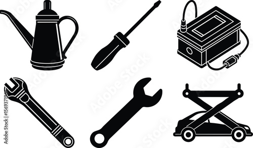 Vector art of car repair tools and equipment isolated on transparent background