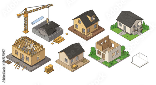 Isometric vector illustration of house construction stages featuring modern architectural designs