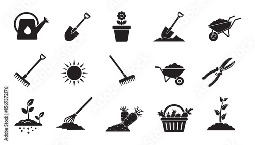 Gardening and agricultural tools icon set with plants and growth symbols, black silhouette illustration.