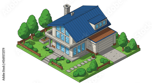 Isometric vector illustration of a modern suburban house with garden for architectural design