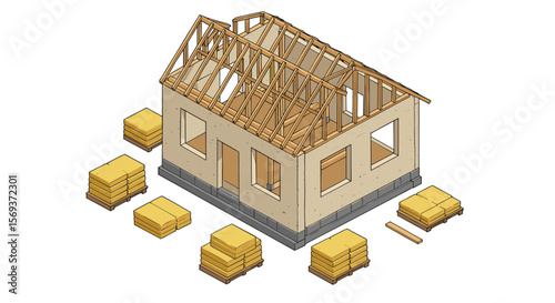Isometric vector illustration of construction process: building structure with roof trusses and insulation material