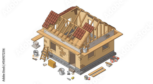 Isometric construction of house with exposed framework vector illustration for architectural design