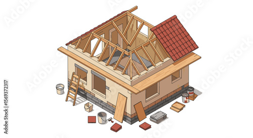 Isometric vector illustration of house construction with wooden roof framework and building materials