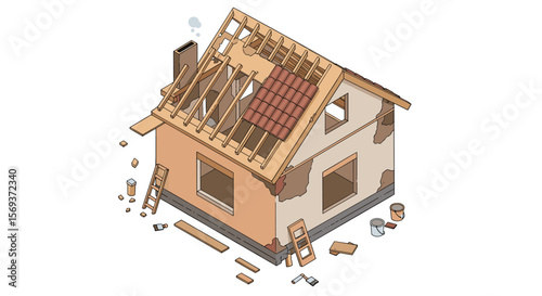 Isometric vector illustration of house under construction - renovation concept design for poster or card