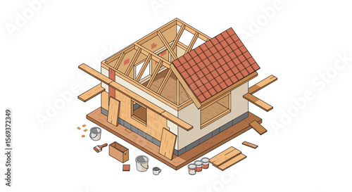 Isometric vector illustration of house construction process for architectural design and planning