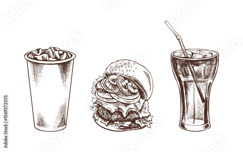 Hand drawn vintage sketch of cheeseburger with vegetables, cola in glass and ice cream float in cup