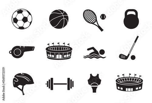 Sports and fitness solid vector icon set including balls gear stadium and athletes, black silhouette illustration.