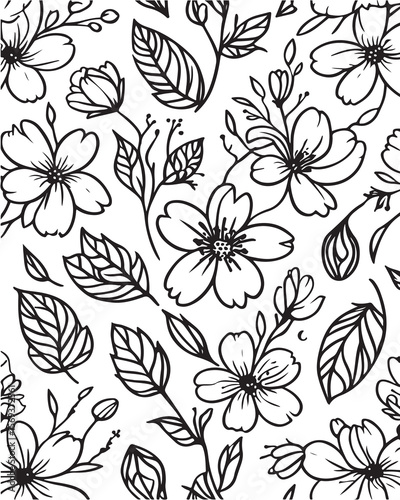 Black and white seamless floral pattern with delicate line art flowers and leaves
