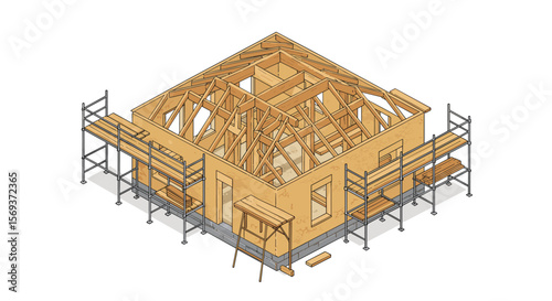 Isometric vector illustration of a wooden house construction with scaffoldings