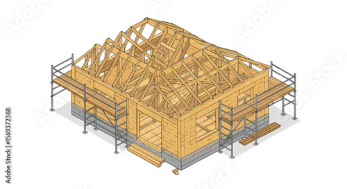 Isometric wooden house construction process vector illustration for architectural design