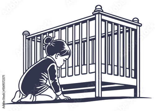 Vector Silhouette of Baby Crib with Vertical Bars on White Background