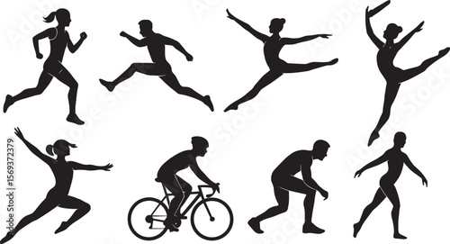 “Black Sports and Gymnast Silhouettes Collection – Athletic Vector Shapes on White Background”