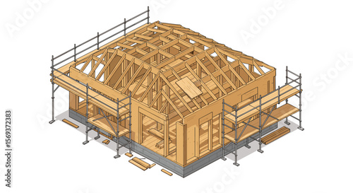 Wooden house construction isometric vector illustration for architectural design and building concepts