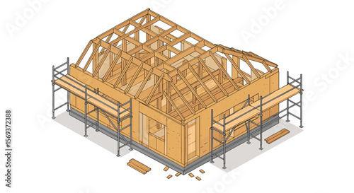 Wooden house construction in progress vector illustration – isometric style for architectural design