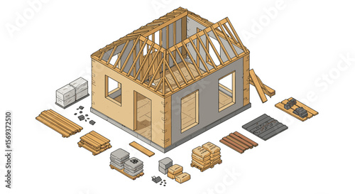 Isometric house construction vector illustration - building materials and structure design for architecture projects